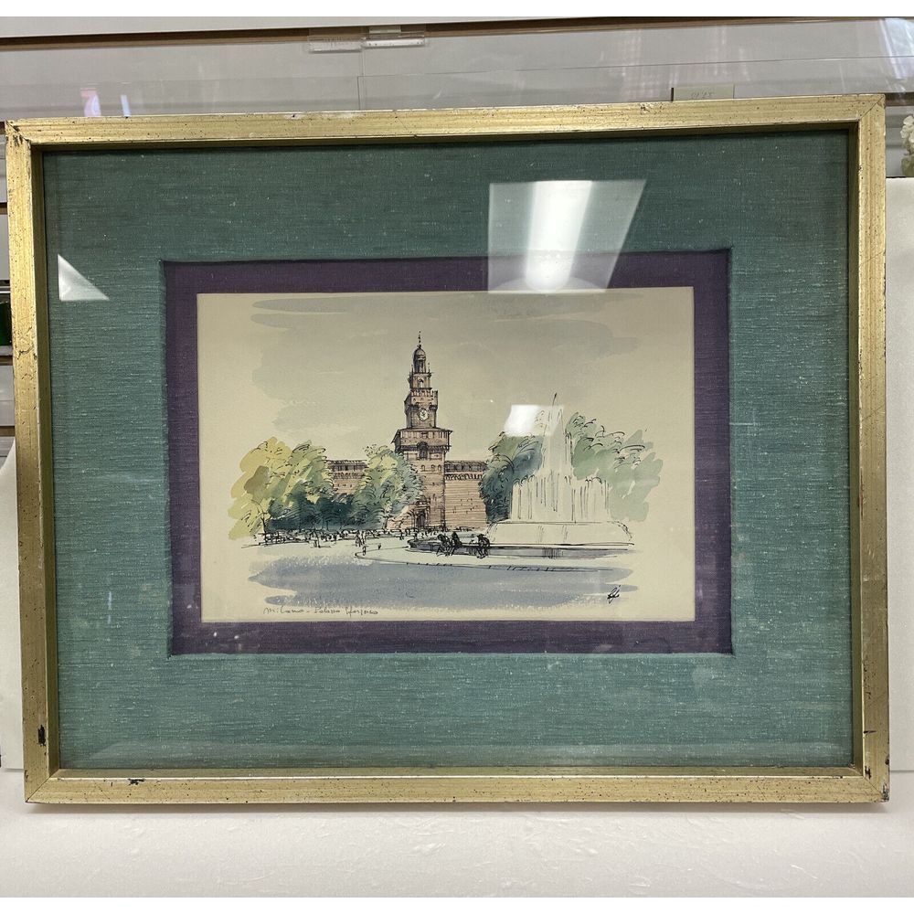 Vintage Watercolor & Ink Painting City Fount Linen Matte Purple Teal Framed Gold